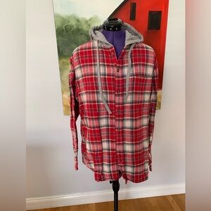 RSX Men’s Flannel Lightweight Red Plaid Flannel shirt with Gray Detachable Hood